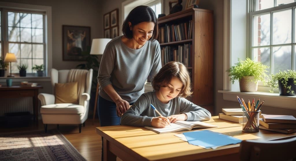 Deutsch lernen - Kind beim konzentrierten Lernen mit Unterstützung